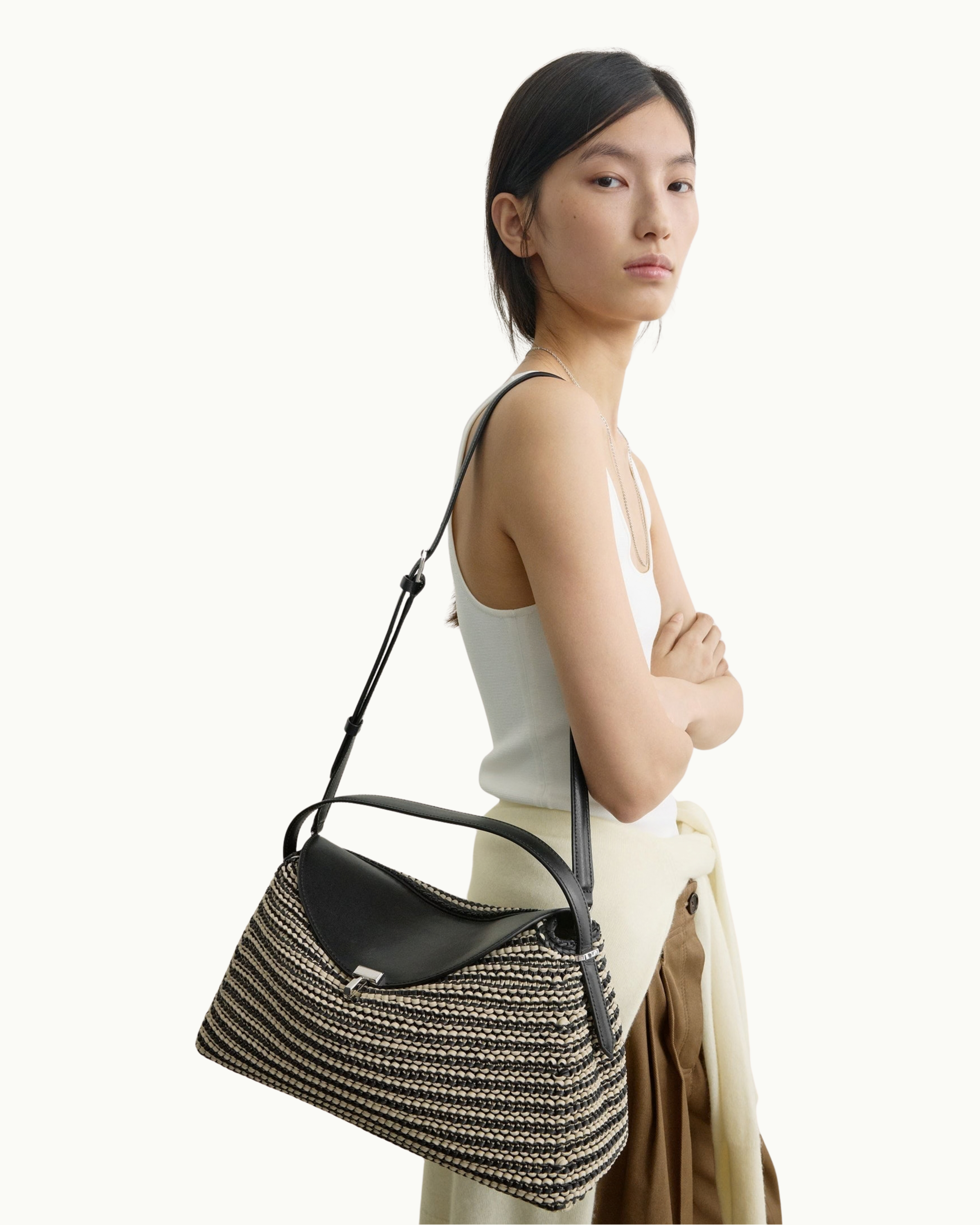 T-Lock Woven Leather Top Handle Bag