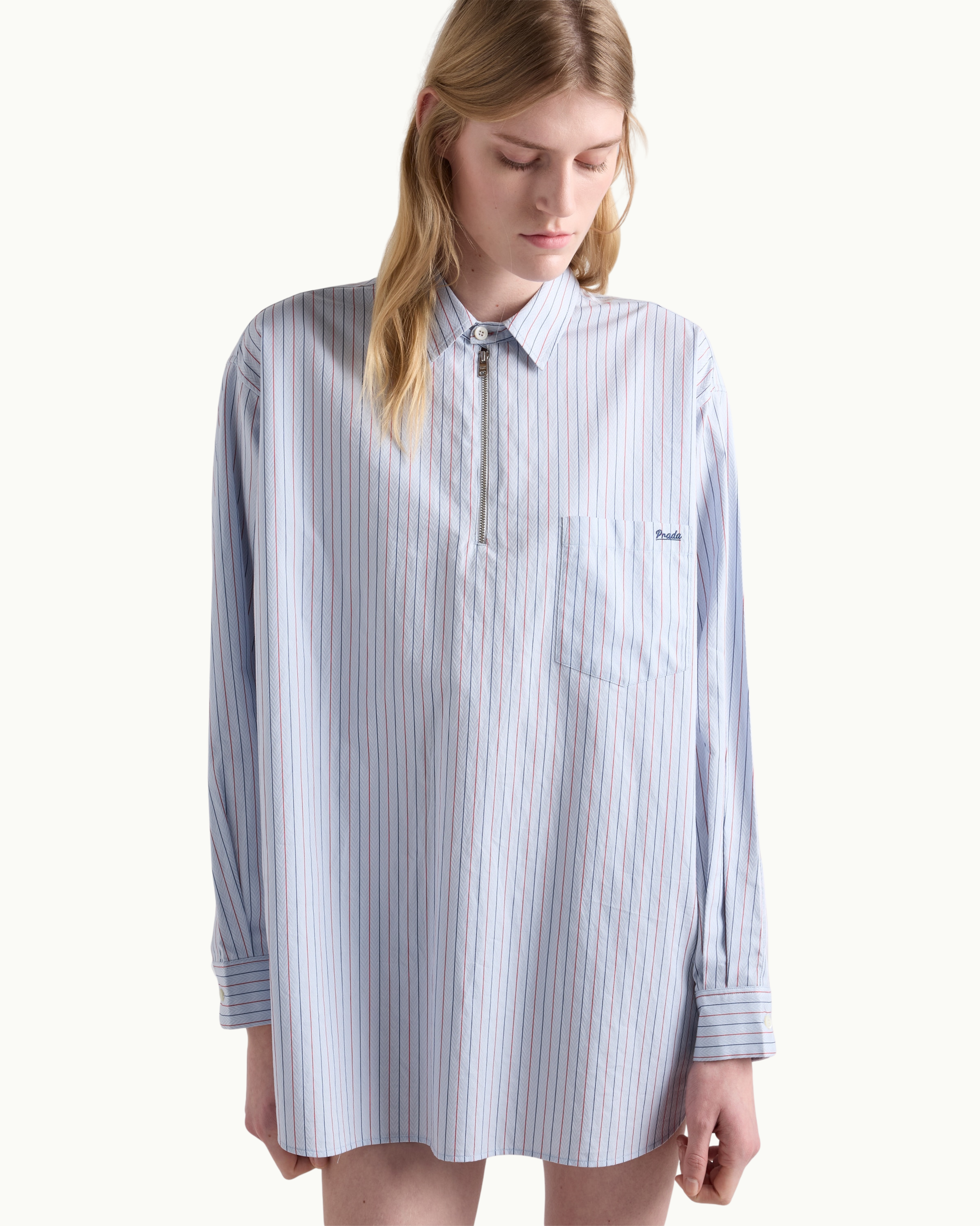 Striped Cotton Shirt with Half-Zipper